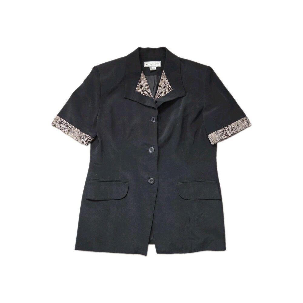 Travis Ayers Black 100% Silk Blazer Jacket Leopard Print Trim Short Sleeve Sz 14